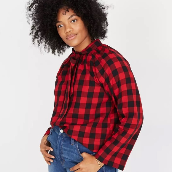 Madewell red & black Tie-Neck Popover Shirt in buffalo check - Picture 1 of 5
